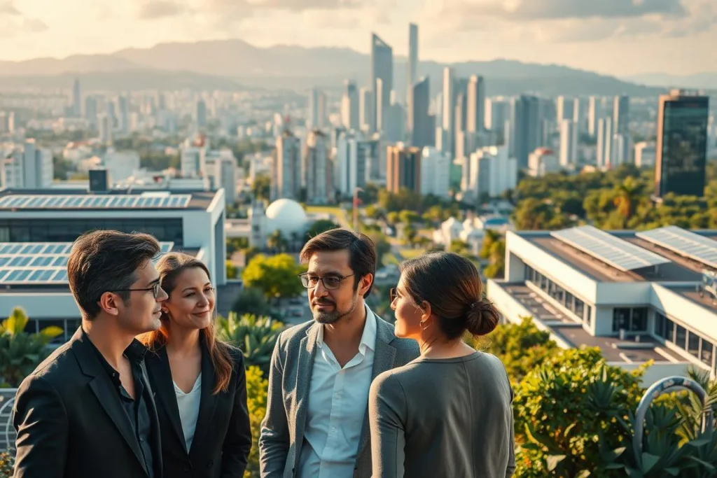 A bustling corporate landscape with sleek modern buildings, lush greenery, and solar panels dotting the rooftops. In the foreground, a group of business executives engaged in a thoughtful discussion, their expressions conveying a sense of responsibility and environmental stewardship. The middle ground features a range of sustainable initiatives, from electric vehicle charging stations to recycling programs. In the background, a vibrant cityscape with towering skyscrapers, reflecting the leading role of Brazilian companies in embracing ESG principles. The lighting is warm and inviting, creating an atmosphere of progress and innovation. The composition emphasizes the integration of environmental, social, and governance practices within the corporate culture. A bustling corporate landscape with sleek modern buildings, lush greenery, and solar panels dotting the rooftops. In the foreground, a group of business executives engaged in a thoughtful discussion, their expressions conveying a sense of responsibility and environmental stewardship. The middle ground features a range of sustainable initiatives, from electric vehicle charging stations to recycling programs. In the background, a vibrant cityscape with towering skyscrapers, reflecting the leading role of Brazilian companies in embracing ESG principles. The lighting is warm and inviting, creating an atmosphere of progress and innovation. The composition emphasizes the integration of environmental, social, and governance practices within the corporate culture.