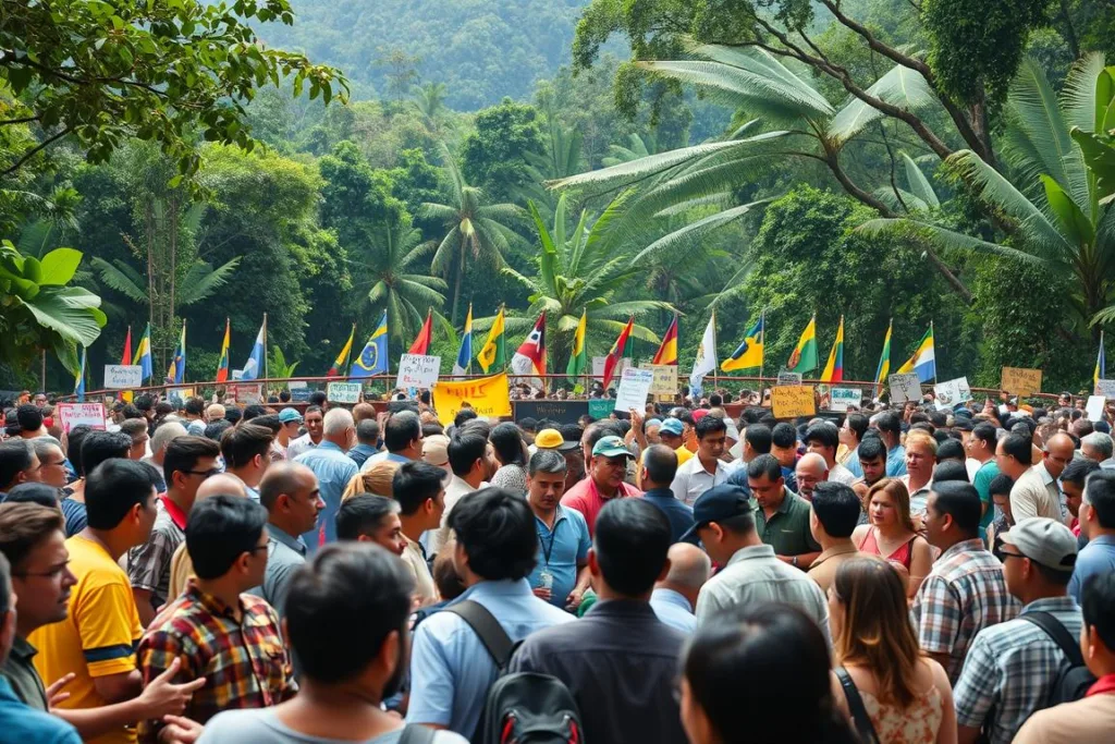 A bustling, diverse gathering of citizens engaged in civic discourse, set against the lush, verdant backdrop of the Amazon rainforest. In the foreground, people of all ages and backgrounds exchange ideas, gesticulating passionately as they debate issues critical to the region's future. The middle ground reveals a mosaic of colorful banners, signs, and flags, each representing a unique perspective or cause. In the distance, the towering canopy of the Amazon stretches out, its dappled sunlight filtering through to illuminate the scene with a sense of vitality and urgency. Crisp, high-resolution photography captures the energy and diversity of this "sociedade civil" in action, a powerful visual representation of the COP30 event and its regional context. A bustling, diverse gathering of citizens engaged in civic discourse, set against the lush, verdant backdrop of the Amazon rainforest. In the foreground, people of all ages and backgrounds exchange ideas, gesticulating passionately as they debate issues critical to the region's future. The middle ground reveals a mosaic of colorful banners, signs, and flags, each representing a unique perspective or cause. In the distance, the towering canopy of the Amazon stretches out, its dappled sunlight filtering through to illuminate the scene with a sense of vitality and urgency. Crisp, high-resolution photography captures the energy and diversity of this "sociedade civil" in action, a powerful visual representation of the COP30 event and its regional context.