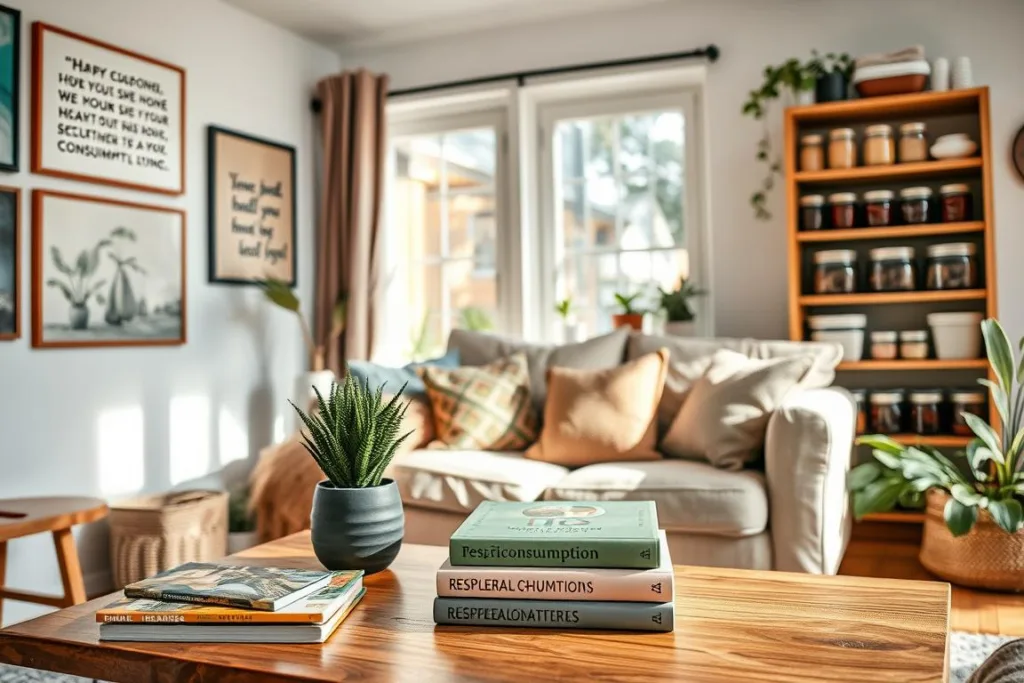 A cozy, well-lit living room showcases sustainable home decor and eco-friendly lifestyle choices. In the foreground, a wooden coffee table displays a potted plant and a stack of books on responsible consumption. On the walls, framed artworks and inspirational quotes encourage mindful living. The middle ground features a comfortable sofa, its cushions made from recycled materials, while a large window allows natural light to flood the space. In the background, a bookshelf holds jars of homemade preserves and reusable storage containers, reflecting a commitment to reducing waste. The overall atmosphere is warm, inviting, and promotes a sense of environmental consciousness. A cozy, well-lit living room showcases sustainable home decor and eco-friendly lifestyle choices. In the foreground, a wooden coffee table displays a potted plant and a stack of books on responsible consumption. On the walls, framed artworks and inspirational quotes encourage mindful living. The middle ground features a comfortable sofa, its cushions made from recycled materials, while a large window allows natural light to flood the space. In the background, a bookshelf holds jars of homemade preserves and reusable storage containers, reflecting a commitment to reducing waste. The overall atmosphere is warm, inviting, and promotes a sense of environmental consciousness.