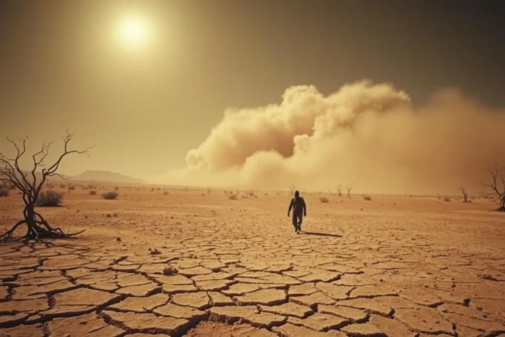 A desolate, arid landscape stretches out under a scorching sun, cracked earth and withered vegetation testifying to the ravages of extreme heat and drought. In the distance, a towering dust storm swirls, obscuring the horizon. Amidst the devastation, a lone figure struggles, surrounded by the human cost of climate change. The scene conveys a palpable sense of desperation and the urgent need for action to address the global crisis. Captured through the lens of a weathered, documentary-style camera, the image evokes a somber, gritty atmosphere that powerfully illustrates the section's focus on the social impacts of climate extremes.