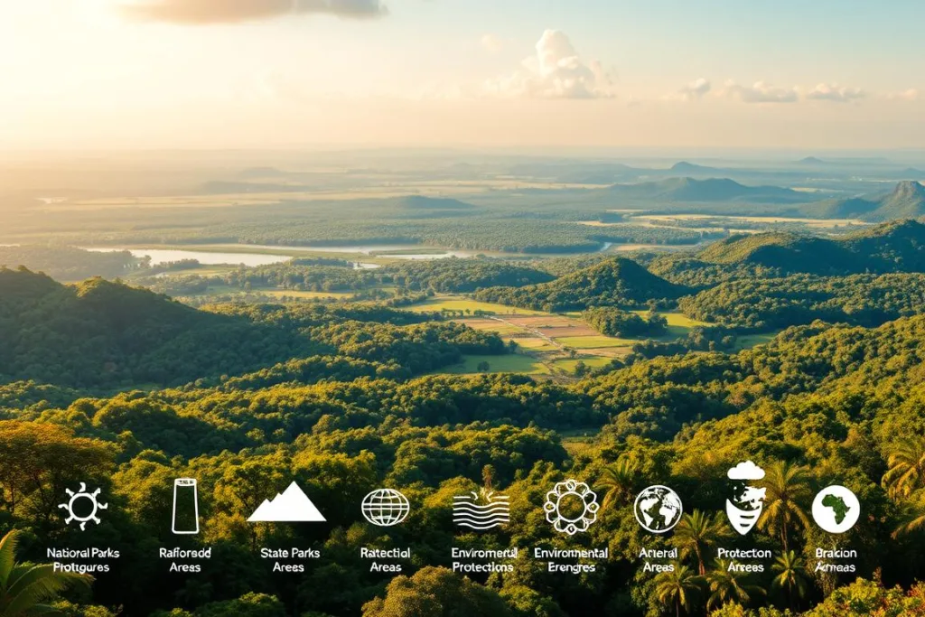 A detailed illustration of the categories of protected areas in Brazil, depicted against a backdrop of lush, verdant landscapes. In the foreground, distinct icons or symbols representing each category - national parks, state parks, environmental protection areas, and others - arranged in a clear, organized manner. The midground features a panoramic view of diverse biomes, from rainforests to savannas, conveying the geographic breadth of Brazil's conservation efforts. Warm, natural lighting illuminates the scene, creating a serene, educational atmosphere. Rendered with a crisp, photorealistic style that seamlessly integrates the conceptual and the visual, this image aims to inform and engage the viewer on the intricacies of Brazil's protected area system.