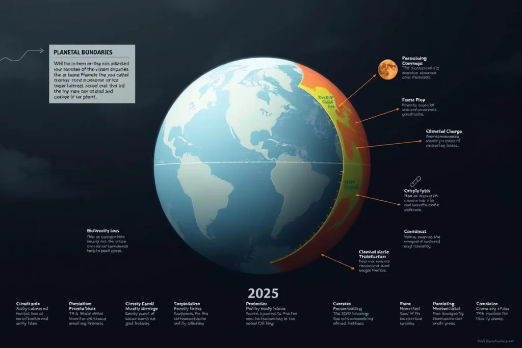 A detailed illustration of the nine planetary boundaries, with a focus on the seven that have already been transgressed. The foreground features the globe, with clear demarcations for each boundary, presented in a stark, minimalist style. The middle ground showcases the key environmental indicators, such as climate change, biodiversity loss, and chemical pollution, depicted through striking visual metaphors. The background sets a somber, ominous tone, with a moody, desaturated color palette and dramatic lighting, emphasizing the gravity of the situation. The overall composition conveys a sense of urgency and a call to action, inviting the viewer to contemplate the precarious state of our planet in 2025.