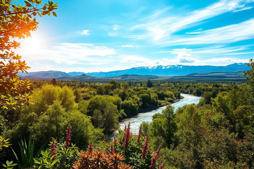 A lush, verdant landscape, teeming with diverse flora and fauna, unfolds under a vibrant, sun-dappled sky. In the foreground, a rich tapestry of native plants and trees, their leaves swaying gently in a gentle breeze. In the middle ground, a sparkling river winds its way through the scene, its waters reflecting the azure sky above. In the distance, rolling hills and towering mountains rise, their peaks capped with pristine snow. The overall atmosphere conveys a sense of harmony, balance, and the incredible natural wealth of this biodiversity-rich environment, embodying the national biodiversity goals for the year 2030.