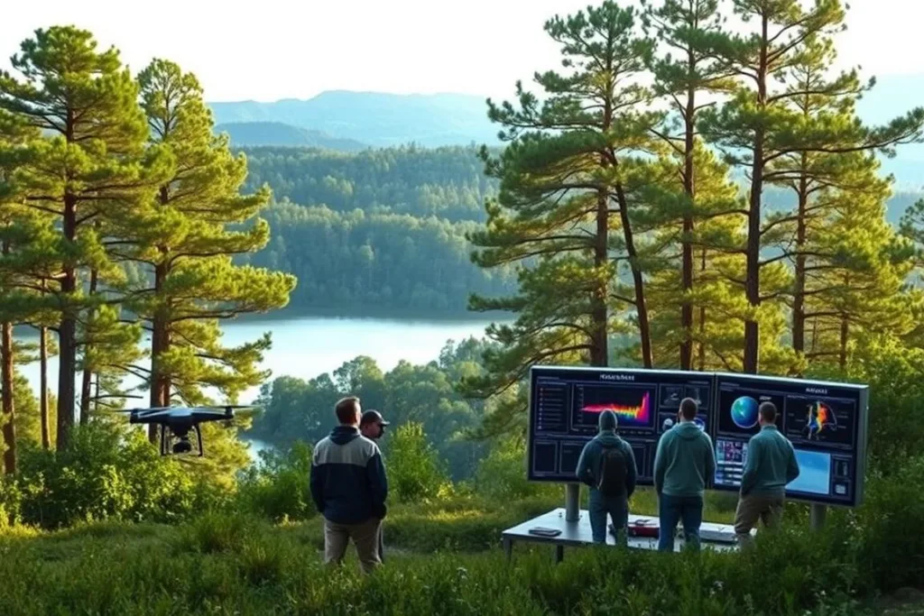 A lush, verdant landscape with towering trees and a serene lake. In the foreground, a team of researchers use advanced monitoring equipment, including drones, thermal imaging cameras, and satellite data, to track the movement of endangered wildlife. The mid-ground features a high-tech command center, with large displays showing real-time data and analytics. In the background, the faint outline of a pristine, untouched wilderness, protected by the innovative technologies on display. Soft, diffused lighting creates a sense of awe and wonder, highlighting the harmony between nature and technology. The overall scene conveys the idea of cutting-edge, sustainable conservation efforts.