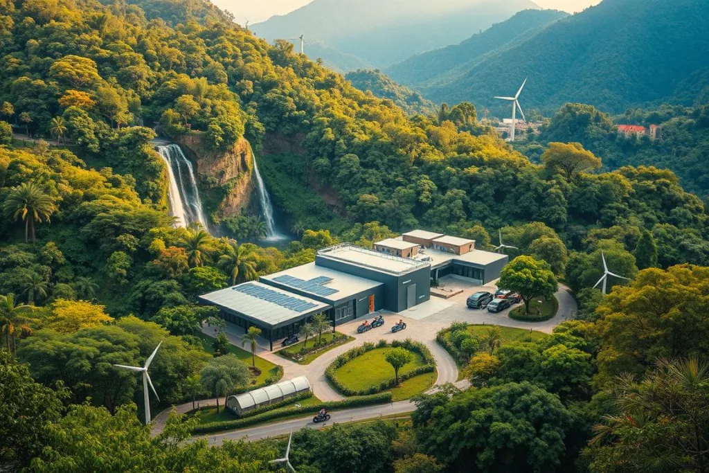 A lush, verdant landscape with towering trees, cascading waterfalls, and vibrant wildlife. In the foreground, a group of modern, eco-friendly industrial buildings nestled seamlessly among the natural surroundings. Clean energy sources like solar panels and wind turbines dot the scene, while electric vehicles and bicycles populate the well-designed pathways. The lighting is soft and natural, casting a warm glow over the entire composition. The overall atmosphere conveys a sense of harmony between technology and the environment, showcasing Brazilian companies' leadership in sustainable practices. A lush, verdant landscape with towering trees, cascading waterfalls, and vibrant wildlife. In the foreground, a group of modern, eco-friendly industrial buildings nestled seamlessly among the natural surroundings. Clean energy sources like solar panels and wind turbines dot the scene, while electric vehicles and bicycles populate the well-designed pathways. The lighting is soft and natural, casting a warm glow over the entire composition. The overall atmosphere conveys a sense of harmony between technology and the environment, showcasing Brazilian companies' leadership in sustainable practices.