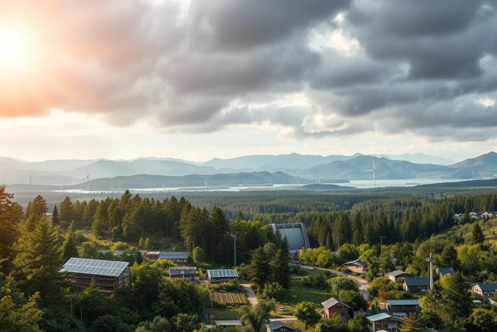 A majestic forest canopy casts a warm glow over a thriving eco-economy. In the foreground, a diverse array of sustainable enterprises thrive - solar panels, organic farms, and eco-tourism hubs. The middle ground showcases innovative renewable energy infrastructure, with wind turbines and hydroelectric dams seamlessly integrated into the natural landscape. In the background, untouched wilderness stretches out, a testament to the harmonious balance between conservation and economic progress. The scene emanates a sense of prosperity and environmental stewardship, where economic strategy and ecological responsibility go hand-in-hand.