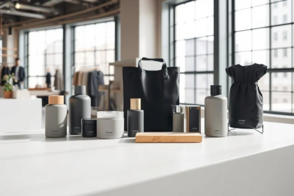 A minimalist, sleek, and contemporary product display showcasing a variety of durable, high-quality consumer goods. The foreground features several products arranged in a visually appealing manner, each with a subtle, muted color palette and simple, clean design. The middle ground depicts a modern, well-lit interior space with natural lighting filtering in through large windows, casting a warm, inviting ambiance. The background subtly suggests an urban setting, with a hint of cityscape visible through the windows, conveying a sense of timeless, sophisticated aesthetic. The overall composition evokes a sense of durability, quality, and understated elegance, aligning with the theme of conscious consumption.