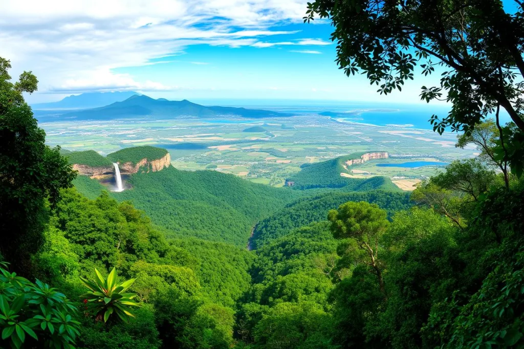 A panoramic landscape of Brazil's National System of Conservation Units (SNUC), showcasing its diverse and well-preserved natural wonders. In the foreground, lush tropical forests teeming with vibrant flora and fauna, the canopy illuminated by soft, diffused sunlight. The middle ground reveals undulating hills, dotted with towering mountains and cascading waterfalls, their waters reflecting the azure sky above. In the background, vast wetlands and pristine coastlines stretch out, creating a harmonious balance between land and sea. The scene exudes a serene and tranquil atmosphere, highlighting Brazil's commitment to environmental conservation and its role as a global leader in this domain.