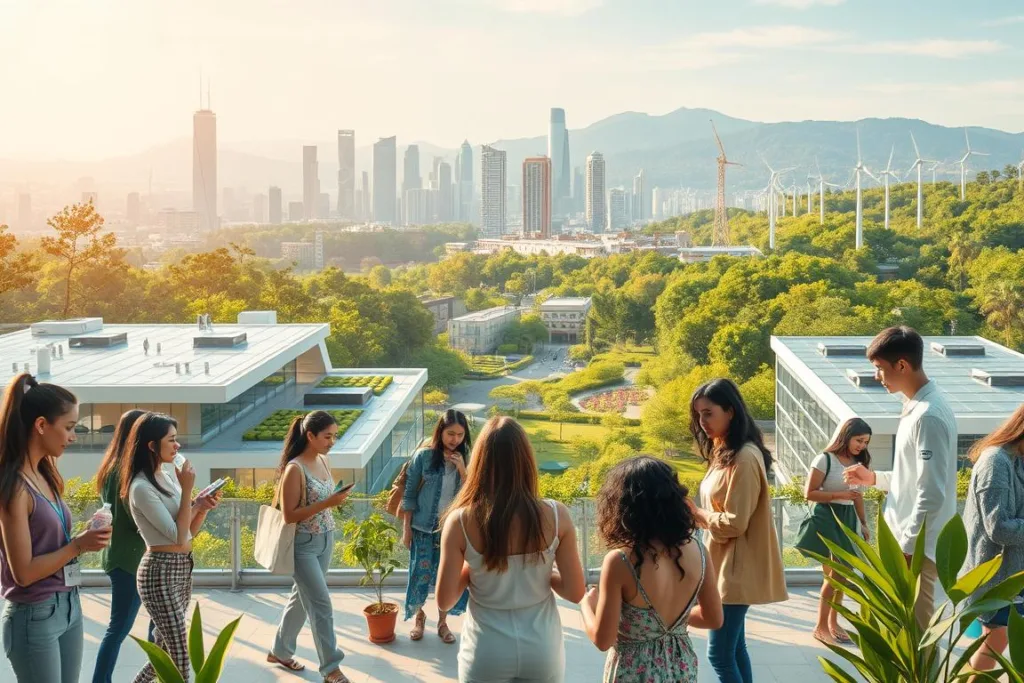 A vibrant, futuristic scene showcasing sustainable consumer trends in 2025. In the foreground, a diverse group of people interact with eco-friendly products - reusable water bottles, solar-powered tech, and organic textiles. The middle ground features sleek, minimalist architecture with green roofs and renewable energy sources. In the background, a cityscape with towering skyscrapers blends seamlessly with lush, verdant parks and forests. Soft, warm lighting casts a hopeful glow over the entire composition, conveying a sense of harmony between technology, nature, and conscious consumerism. The overall aesthetic is clean, modern, and aspirational, reflecting the growing mainstream appeal of sustainable living. A vibrant, futuristic scene showcasing sustainable consumer trends in 2025. In the foreground, a diverse group of people interact with eco-friendly products - reusable water bottles, solar-powered tech, and organic textiles. The middle ground features sleek, minimalist architecture with green roofs and renewable energy sources. In the background, a cityscape with towering skyscrapers blends seamlessly with lush, verdant parks and forests. Soft, warm lighting casts a hopeful glow over the entire composition, conveying a sense of harmony between technology, nature, and conscious consumerism. The overall aesthetic is clean, modern, and aspirational, reflecting the growing mainstream appeal of sustainable living.