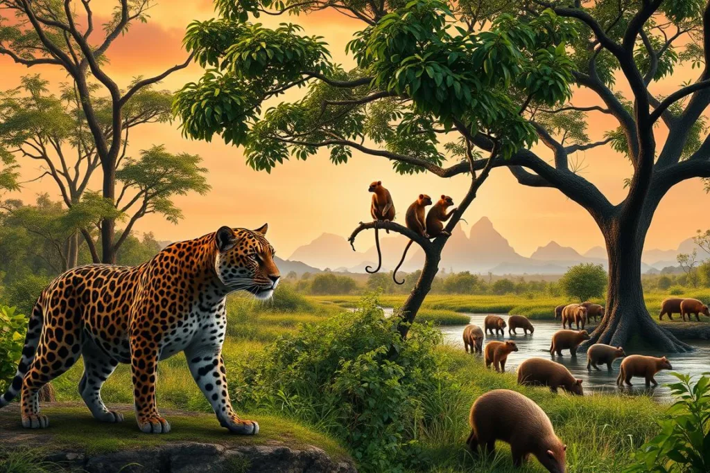 A vibrant, hyperrealistic scene of the Brazilian wilderness, showcasing the diverse and threatened fauna. In the foreground, a majestic jaguar prowls, its powerful muscles rippling beneath a sleek, spotted coat. In the middle ground, a family of endangered golden lion tamarins clings to the branches of a lush, verdant tree. Behind them, a herd of capybaras grazes peacefully by a tranquil stream, while in the distance, the silhouettes of towering mountains loom under a warm, golden-hued sky. The overall atmosphere conveys a sense of both the beauty and fragility of Brazil's precious natural heritage.
