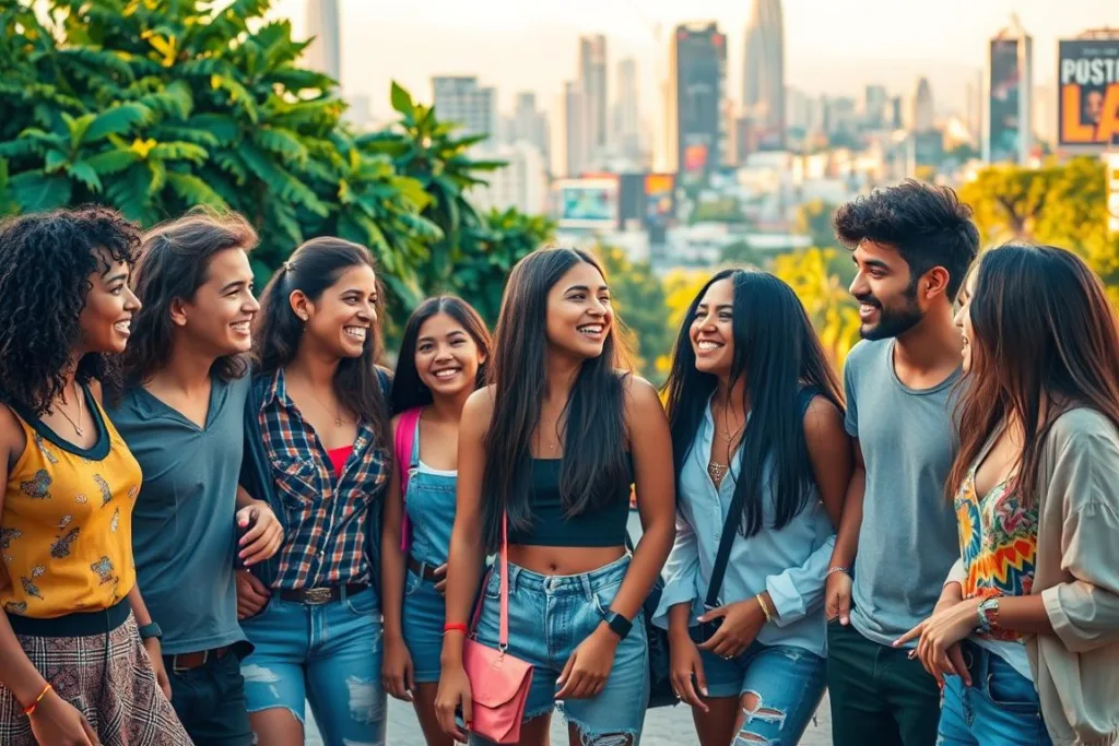 A vibrant, youthful scene showcasing the diverse identities and consumer behaviors of Brazilian youth. In the foreground, a group of stylishly dressed young people, each with their unique fashion choices and personal style, engaged in lively conversation and laughter. The middle ground reveals a mix of modern, urban architecture and lush, verdant foliage, hinting at the juxtaposition of urban and natural environments. In the background, a bustling city skyline with towering high-rises and colorful billboards, representing the consumerist landscape that shapes the lives of this generation. The lighting is warm and golden, creating a sense of energy and optimism. The overall atmosphere conveys a dynamic, youthful spirit, capturing the complexities and tensions of conscious consumption among Brazil's young population.
